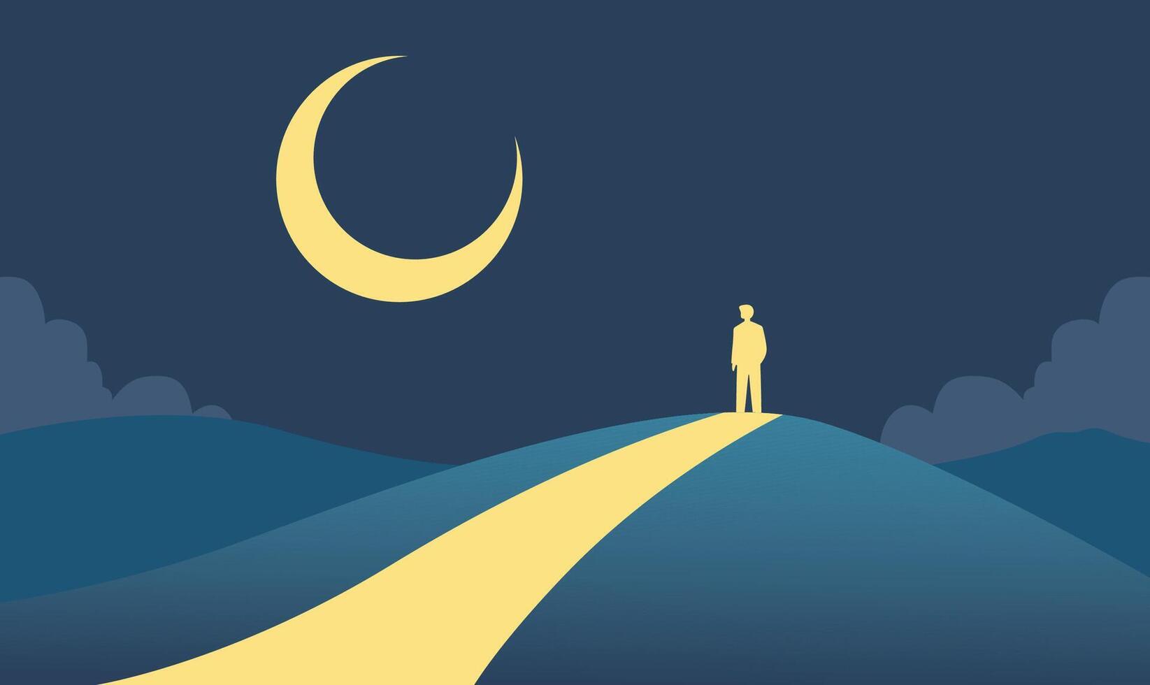 Man People Silhouette Standing Loneliness on Desert Top Landscape with Crescent Moon in Night Sky vector