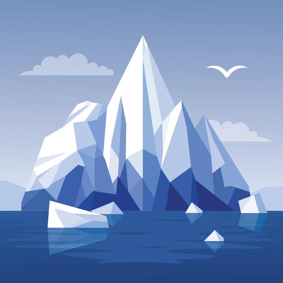 Frozen Iceberg Ice Mountain Glacier Nature Panorama Landscape Floating on Blue Sea Ocean in Bright Sky vector