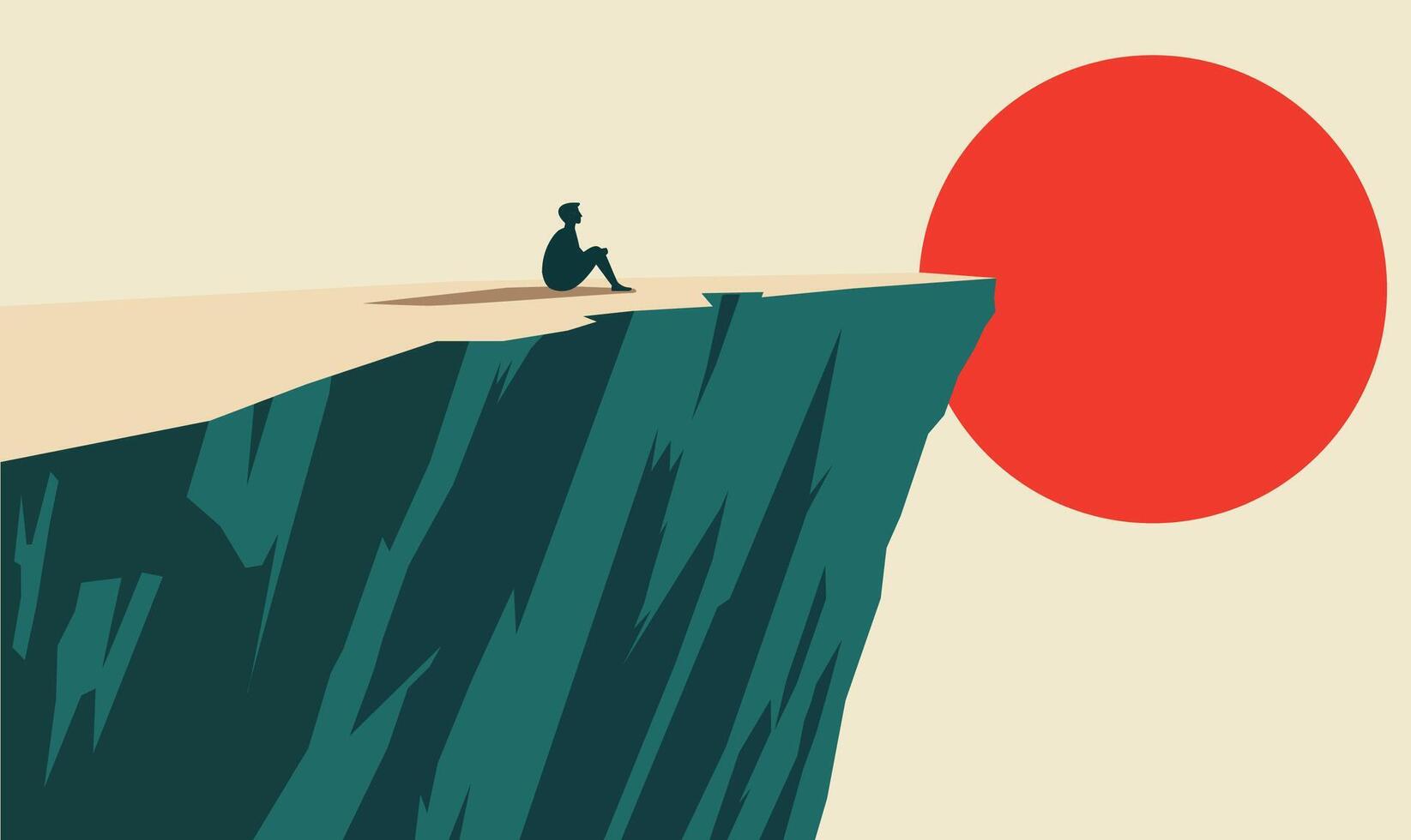 Male People Silhouette Sitting on Rocky Cliff Top Nature Landscape with Big Sun in Sunset Sky vector