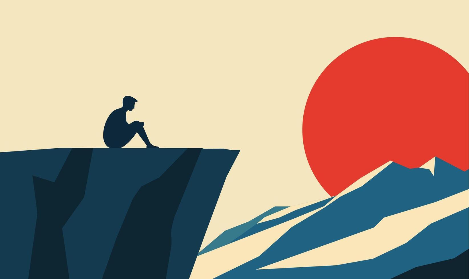 Man Silhouette Sitting Alone on Rocky Cliff Top Nature Landscape with Big Sun in Sunset Sky vector