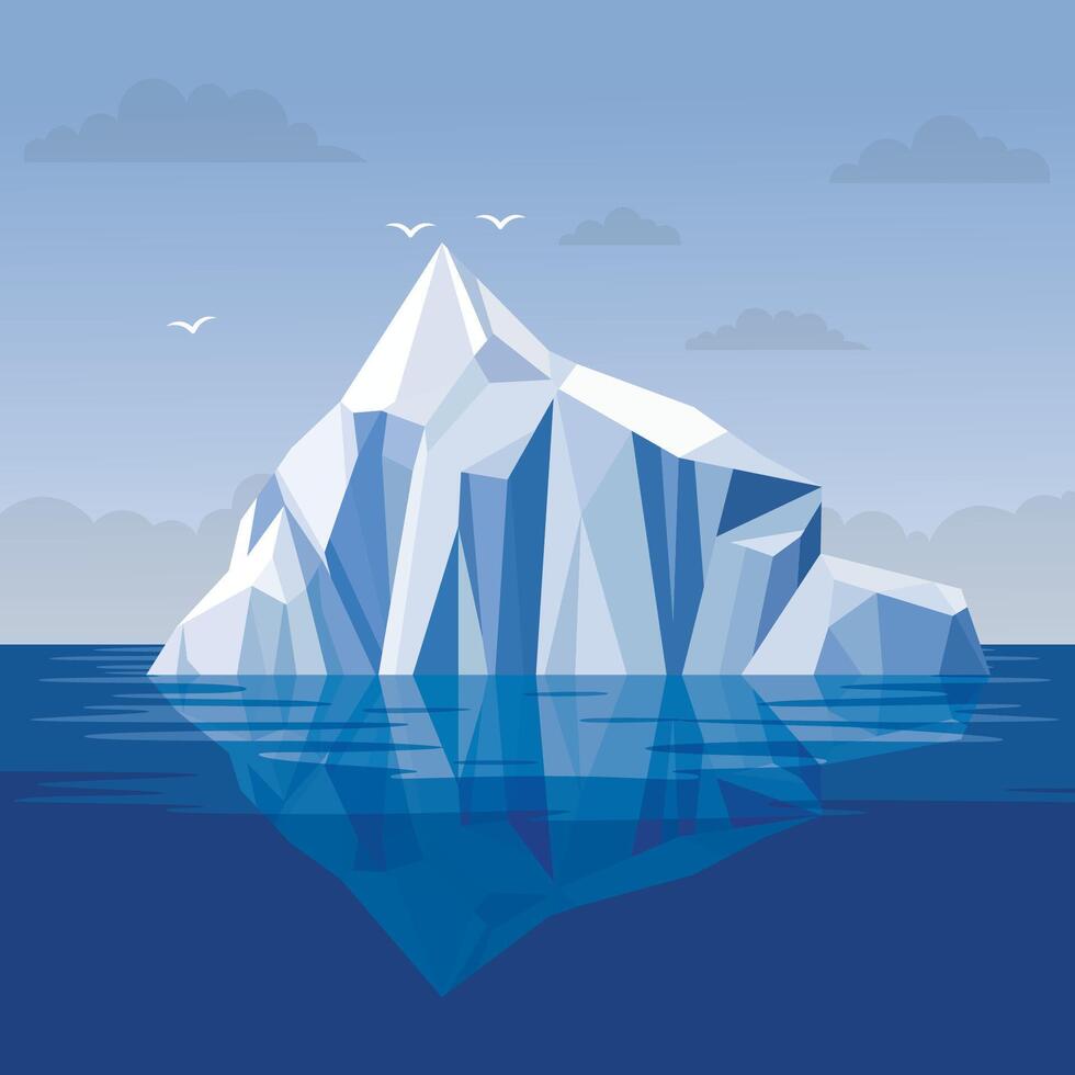 Cold Frozen Iceberg Ice Mountain Glacier Nature Landscape Floating on Blue Sea Ocean in Bright Sky vector