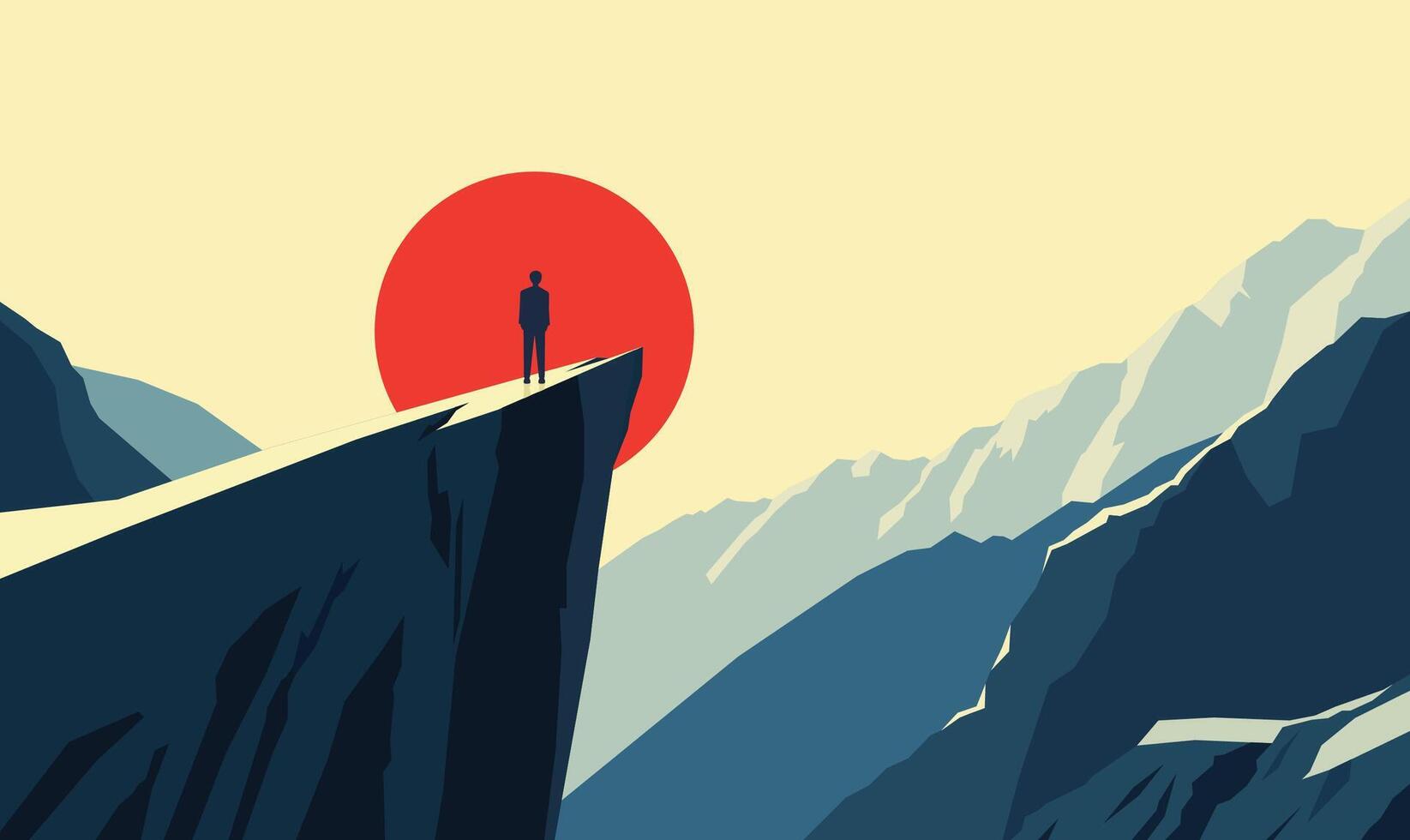 Man Silhouette Standing on Rocky Cliff Top Landscape as Success Symbol with Sun in the Morning Sky vector