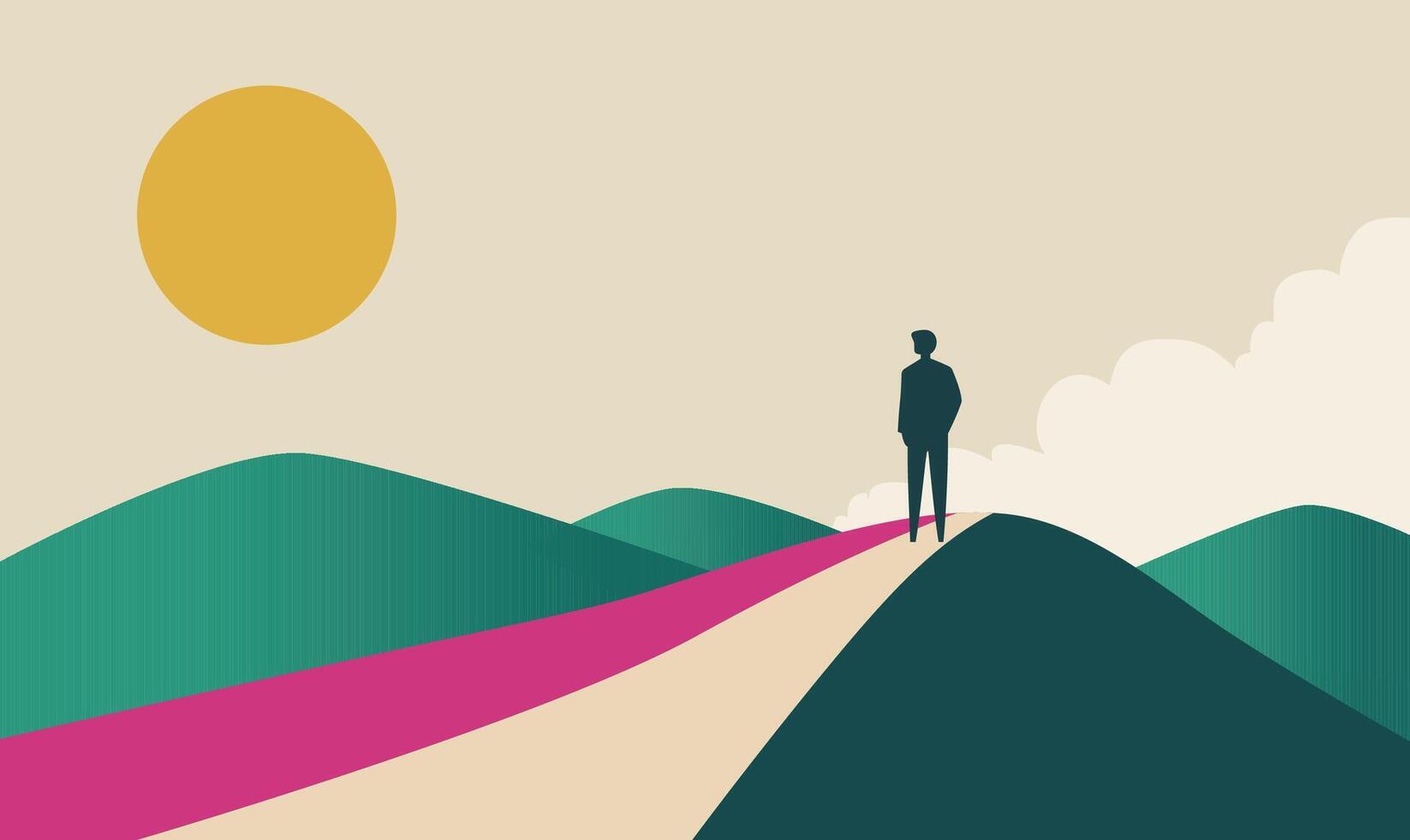 Man People Silhouette Standing Loneliness on Dune Top Desert Scenery Landscape with Sun in the Sky vector