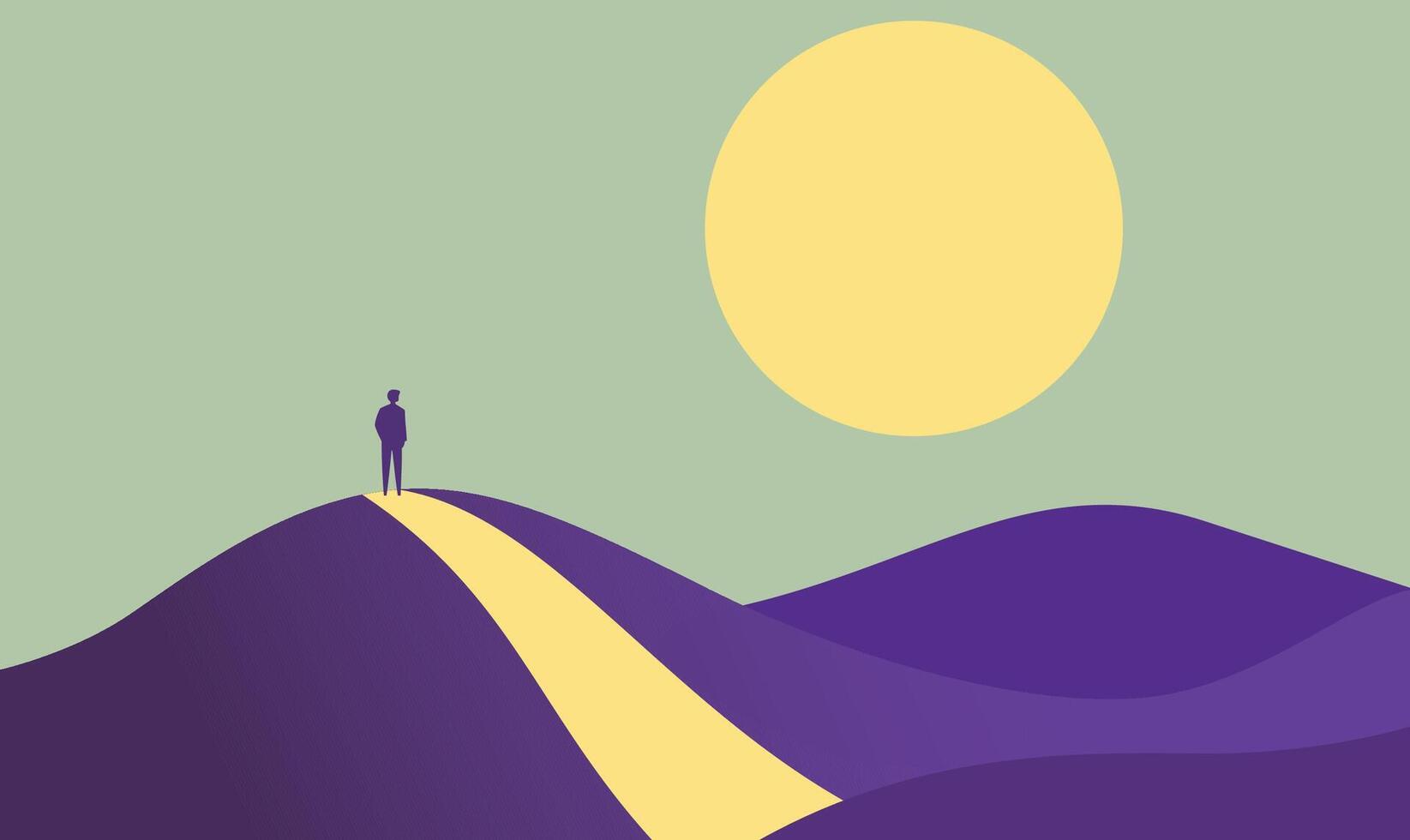 Male People Silhouette Standing Loneliness on Dune Top Desert View Landscape with Sun in the Sky vector