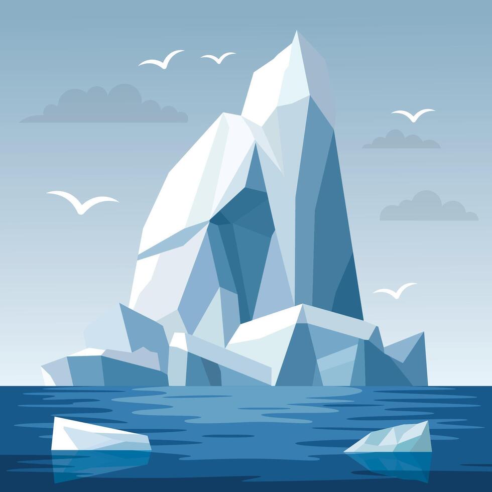Frozen Iceberg Ice Mountain Glacier Nature Landscape Floating on Blue Lake River in Bright Sky vector