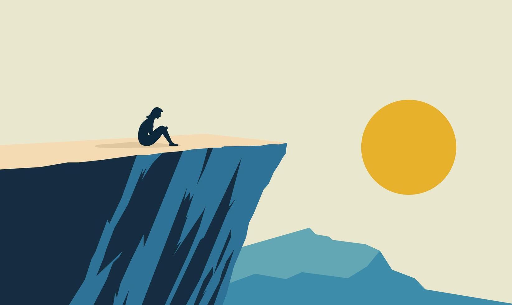 Woman People Silhouette Sitting on Rocky Cliff Top Nature Landscape with Sun in the Morning vector