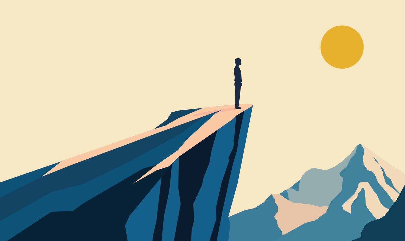 Brave Man Silhouette Standing on Rocky Cliff Top Landscape as Success Symbol with Sun in the Morning vector