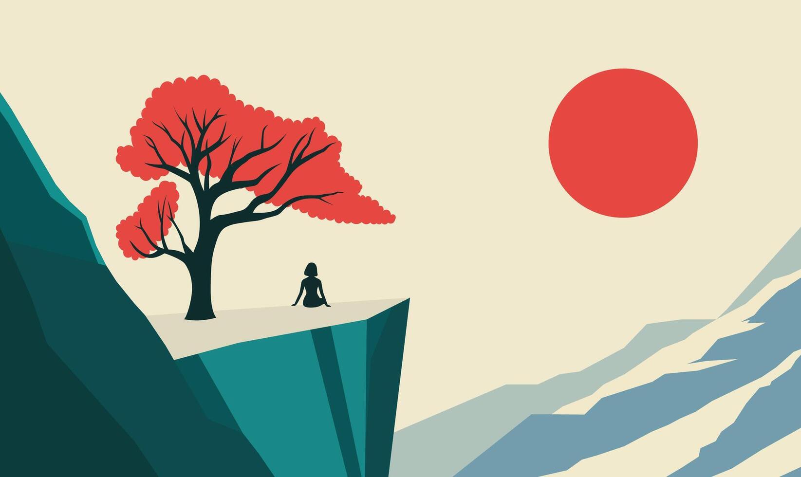 Woman People Silhouette Sitting on Rocky Cliff Top Landscape with Tree and Sun in Morning Sky vector