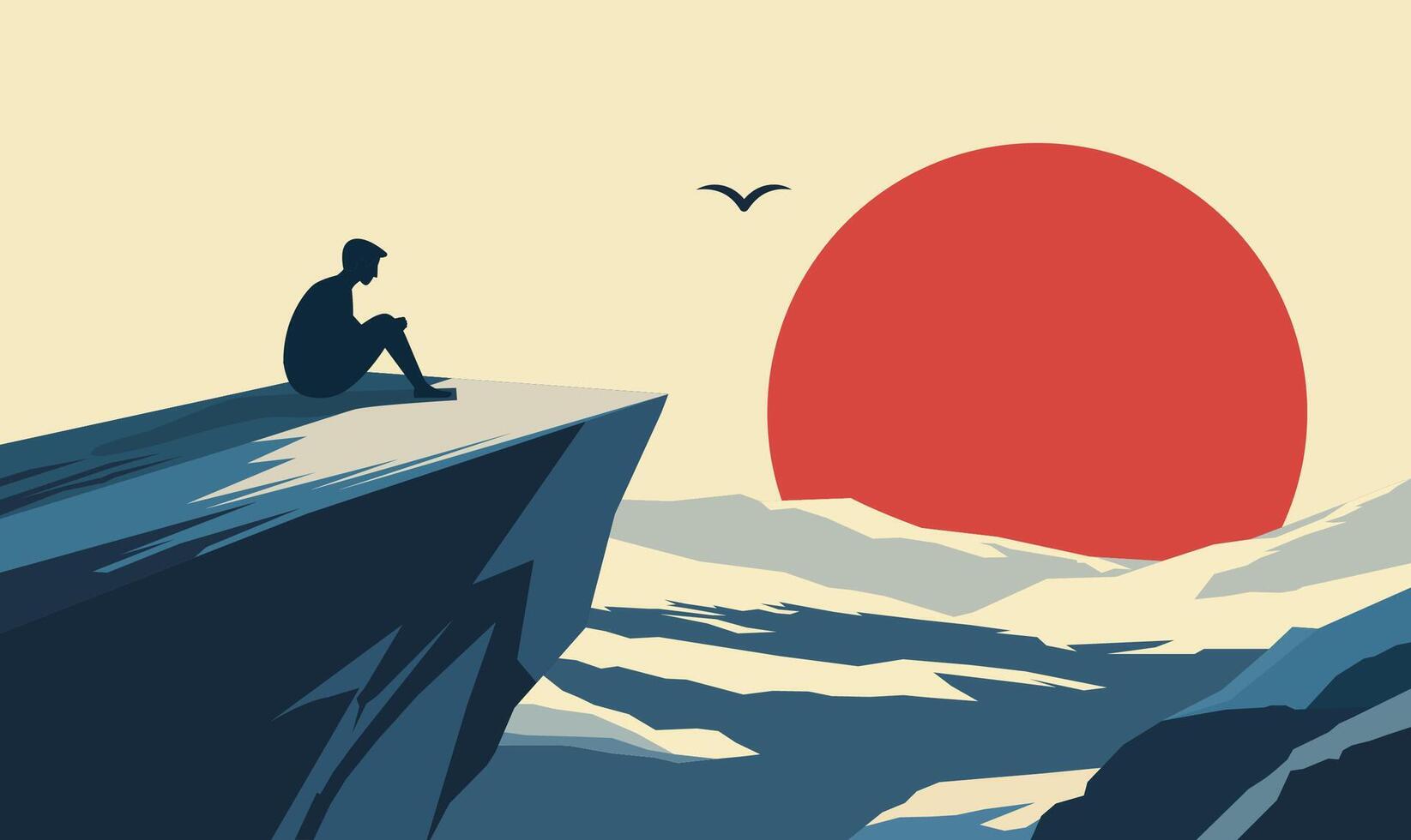 Male People Silhouette Sitting Alone on Rocky Cliff Top Nature Landscape with Big Sun in Sunset Sky vector