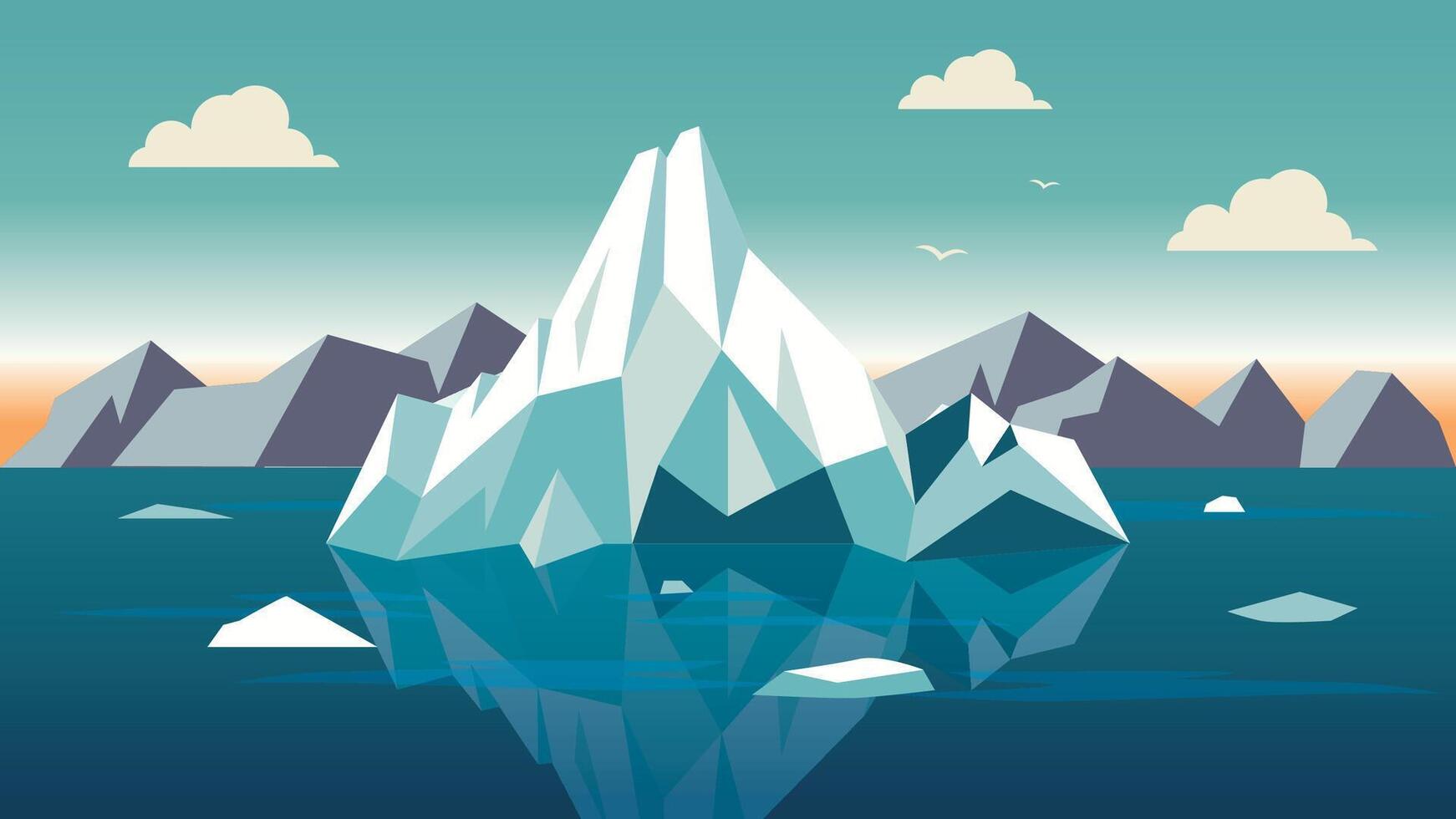 Iceberg Ice Mountain Nature Landscape Floating on Blue Ocean in the North Pole at Dusk vector