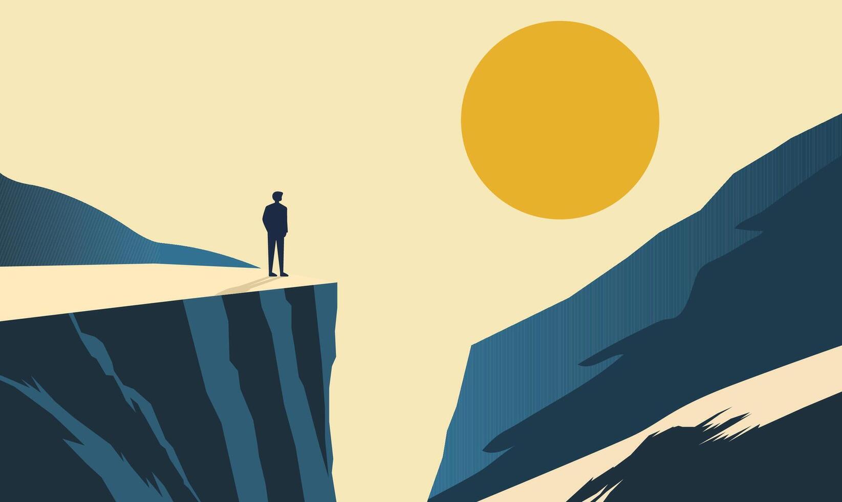 Male Silhouette Standing on Rocky Cliff Top Landscape as Success Symbol with Sun in the Morning vector