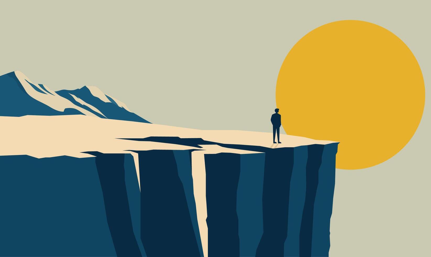 Strong Man Silhouette Standing on Rocky Cliff Top Landscape as Success Symbol with Sun in the Morning vector