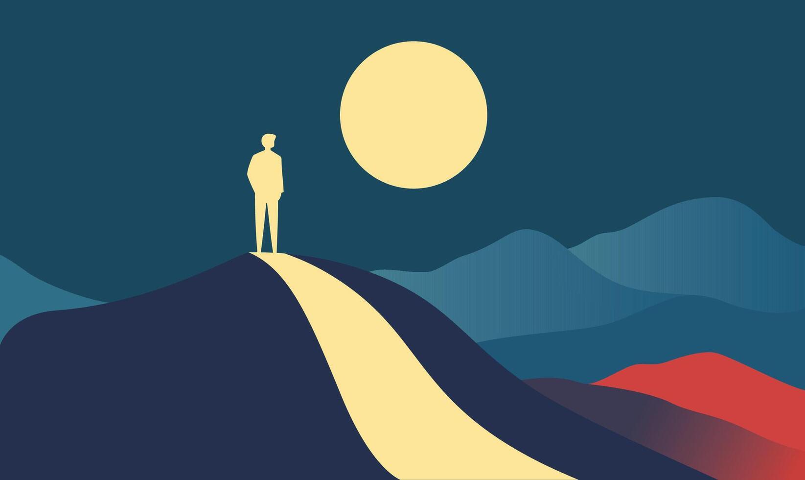 Man People Silhouette Standing Loneliness on Dune Top Desert Landscape with Full Moon in Night Sky vector