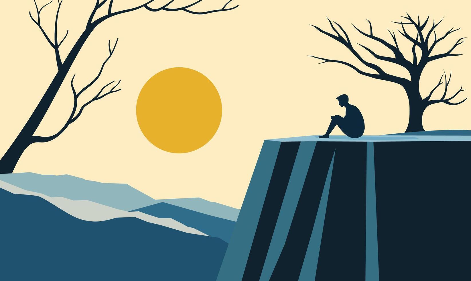 Man Silhouette Sitting on Rocky Cliff Top Landscape with Barren Tree and Sun in the Morning vector