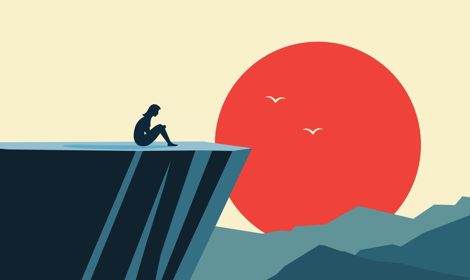 Female People Silhouette Sitting on Rocky Cliff Top Nature Landscape with Big Sun in Sunset Sky vector