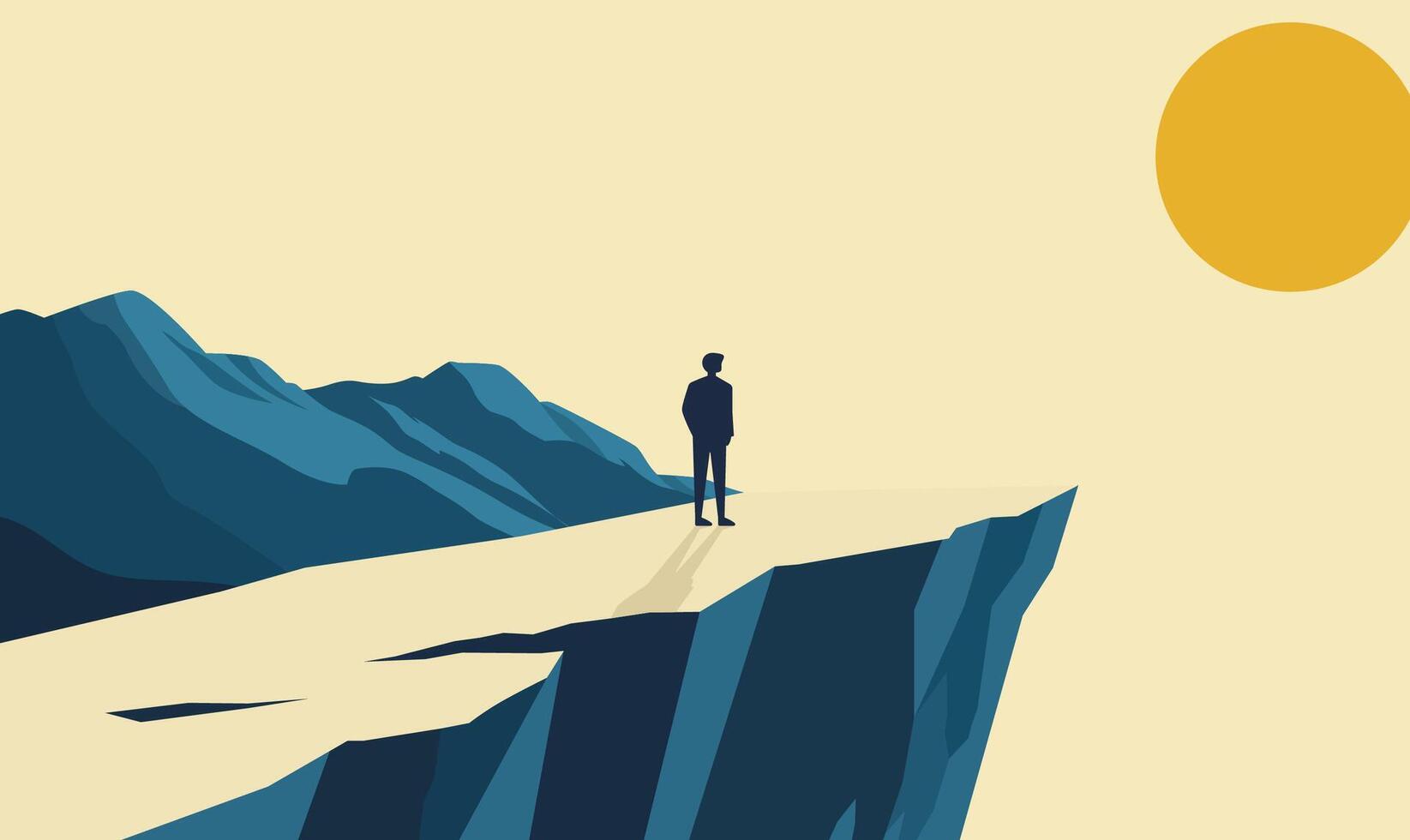 Man Silhouette Standing on Rocky Cliff Top Landscape with Sun in the Morning vector