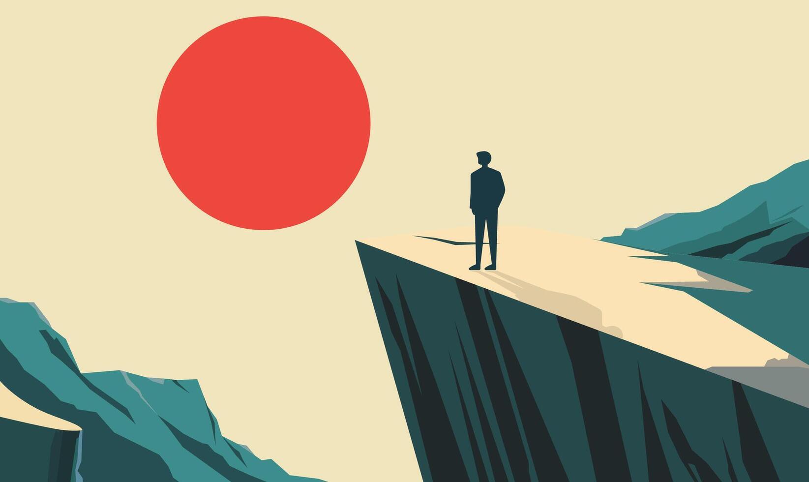 Man People Silhouette Standing on Rocky Cliff Top Landscape as Success Symbol with Sun in the Morning vector