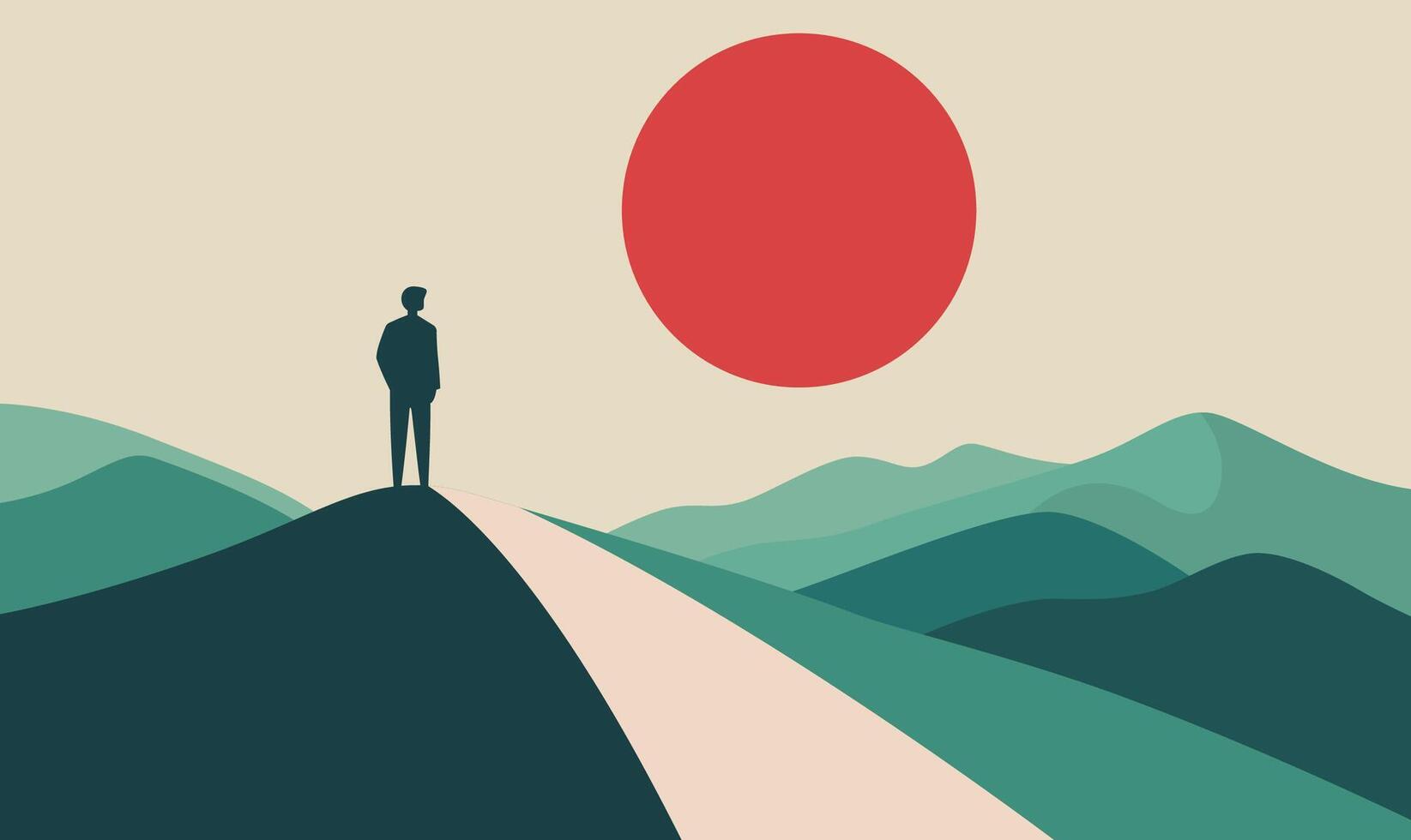 Male People Silhouette Standing Loneliness on Dune Top Desert Landscape with Sun in the Sky vector