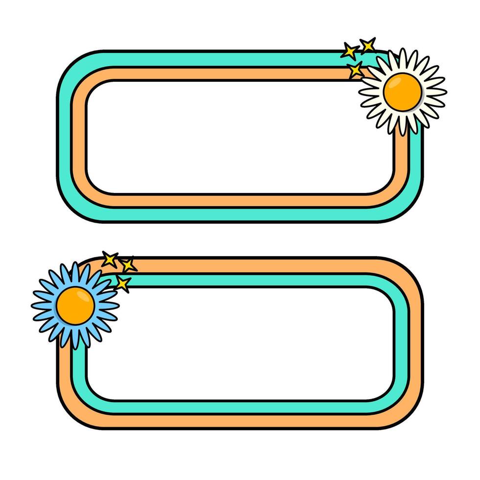 Cute name tag with retro flowers for label planner sticker. Rounded rectangle retro frame. Retro rainbow name tag frame. Pop retro groovy frame with retro flowers. 30 vector