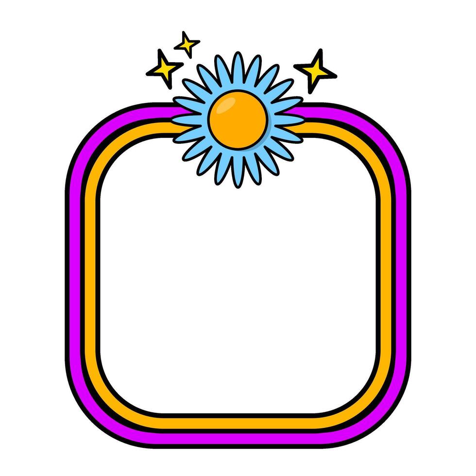 Retro rainbow frame. Square pop retro frame. Pop retro groovy frame with retro flowers. 05 vector