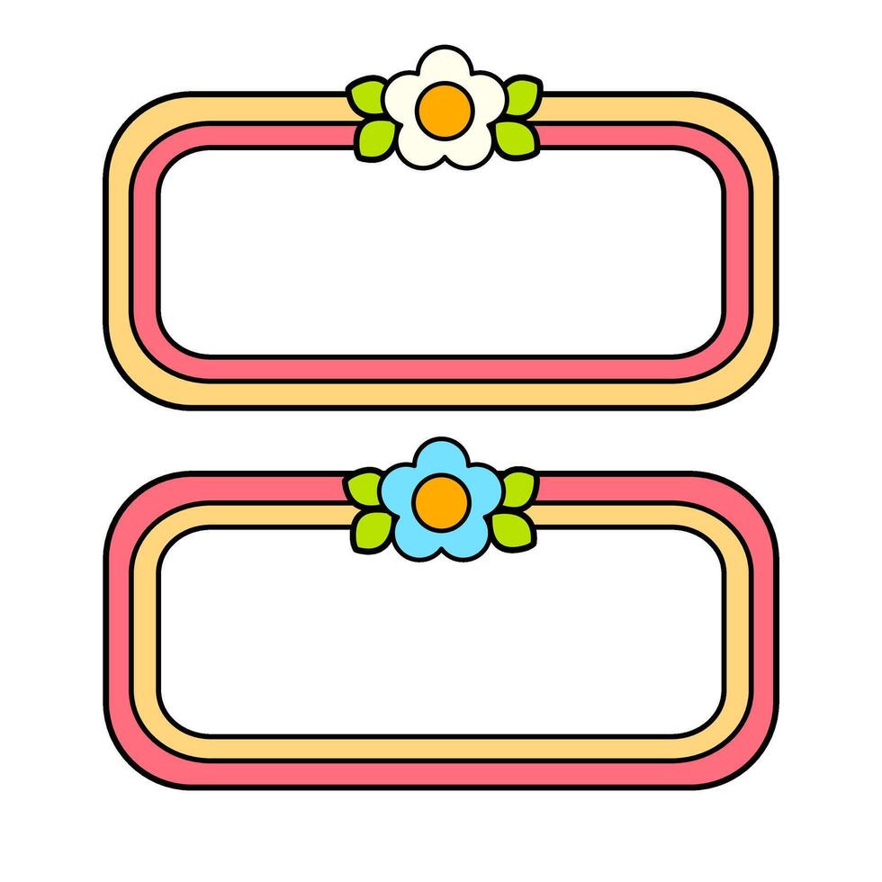 Cute name tag with retro flowers for label planner sticker. Rounded rectangle retro frame. Retro rainbow name tag frame. Pop retro groovy frame with retro flowers. 22 vector
