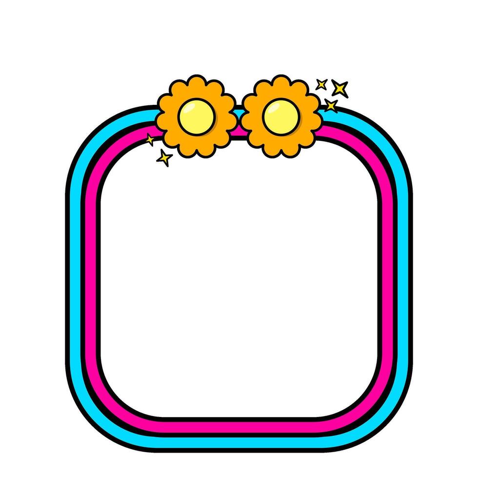 Retro rainbow frame. Square pop retro frame. Pop retro groovy frame with retro flowers. 06 vector