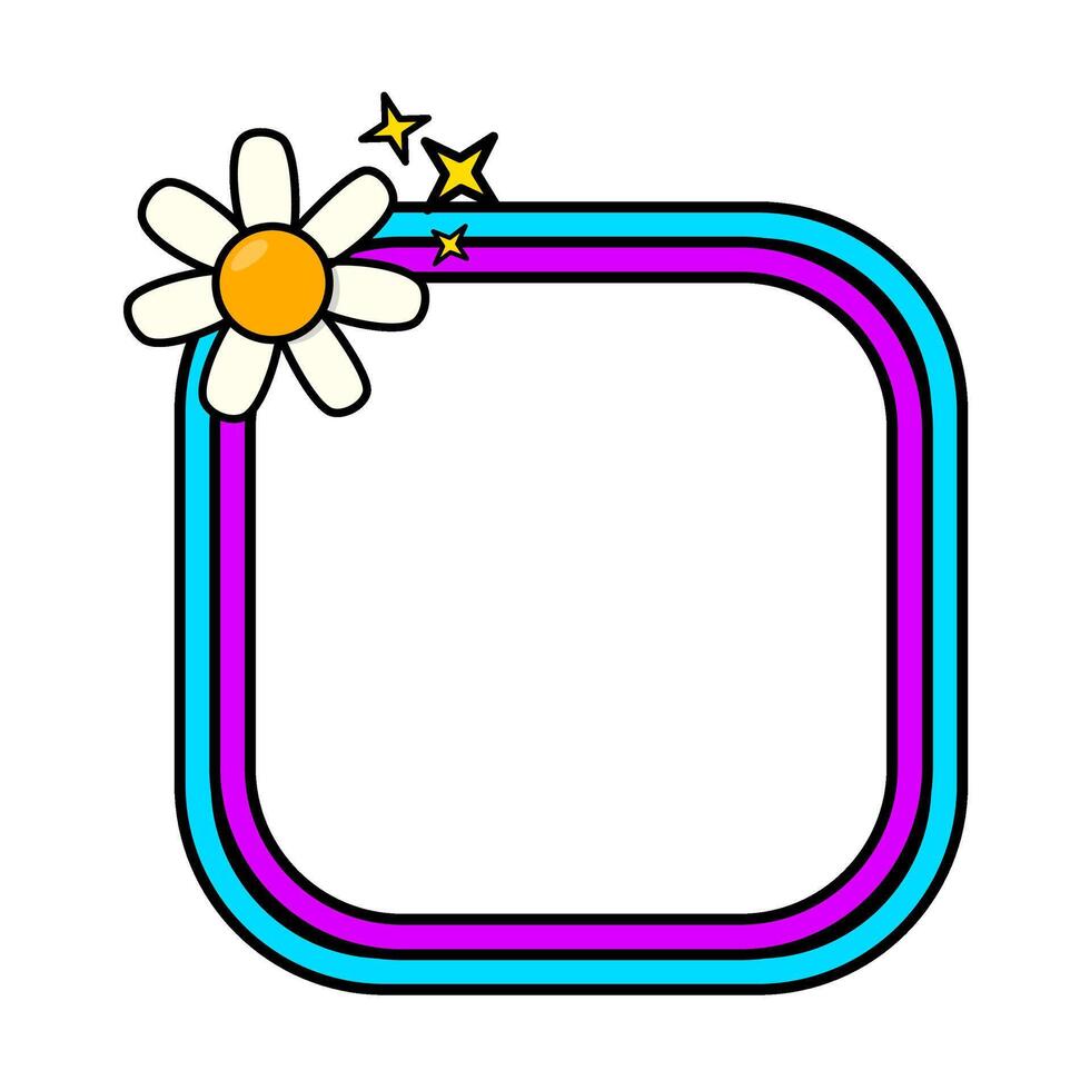 Retro rainbow frame. Square pop retro frame. Pop retro groovy frame with retro flowers. vector