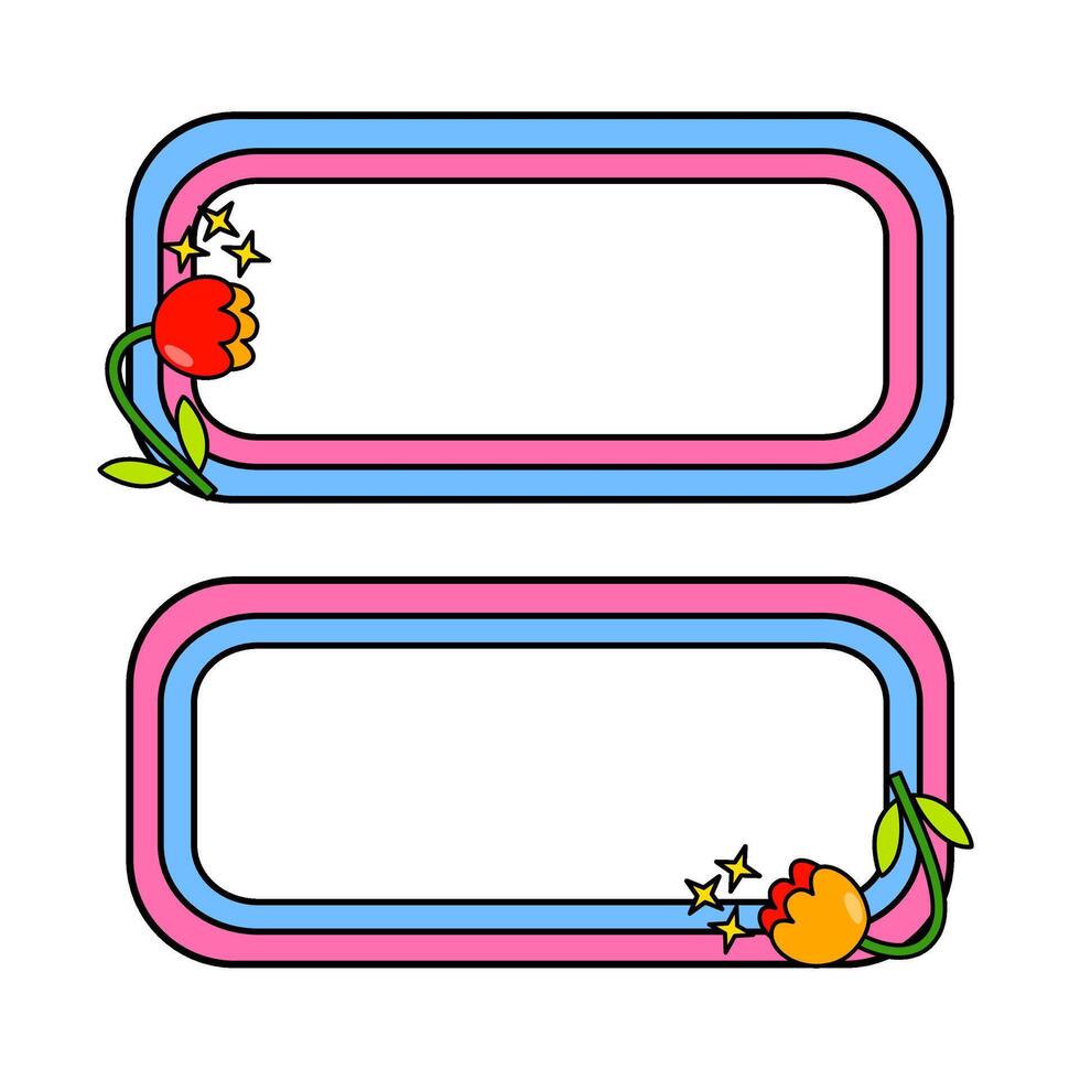 Cute name tag with retro flowers for label planner sticker. Rounded rectangle retro frame. Retro rainbow name tag frame. Pop retro groovy frame with retro flowers. 29 vector