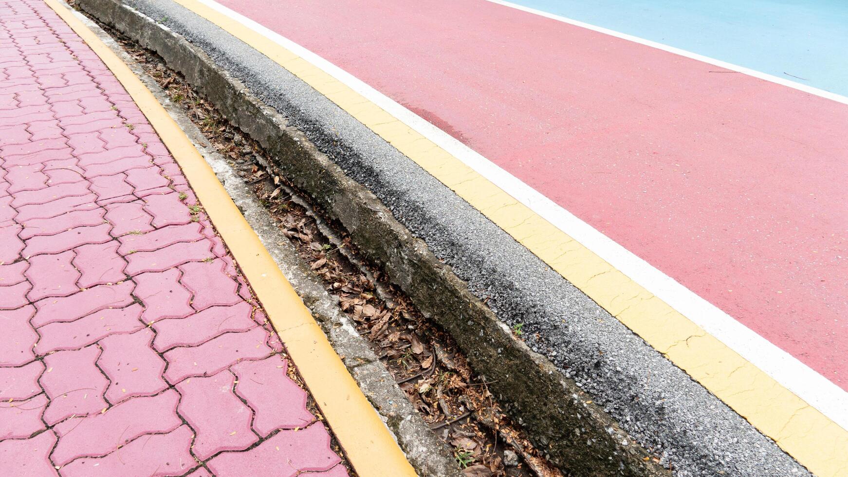 Drainage channels with accumulated dry leaves. On the side there is a brick floor for the footpath and a road surface with red and blue paint on the asphalt. photo