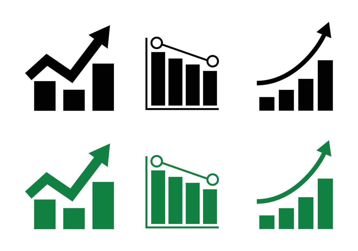 Growth arrow chart, Declining bar and line graph, Rising bar graph with arrow black and white icon set vector