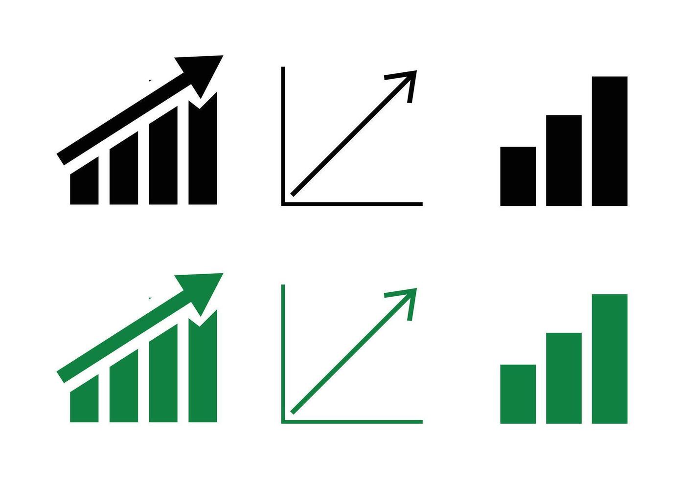 Sloped arrow bar chart, Rising arrow line, Three-bar growth chart black and white icon set vector