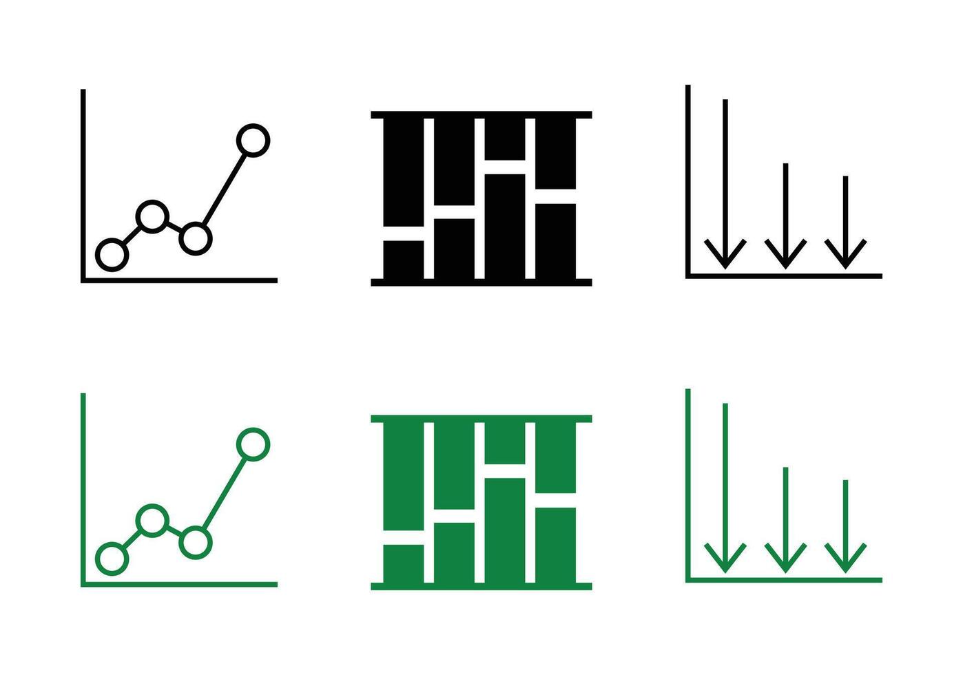 Node line chart, Mixed column and bar chart, Vertical arrows downward black and white icon set vector
