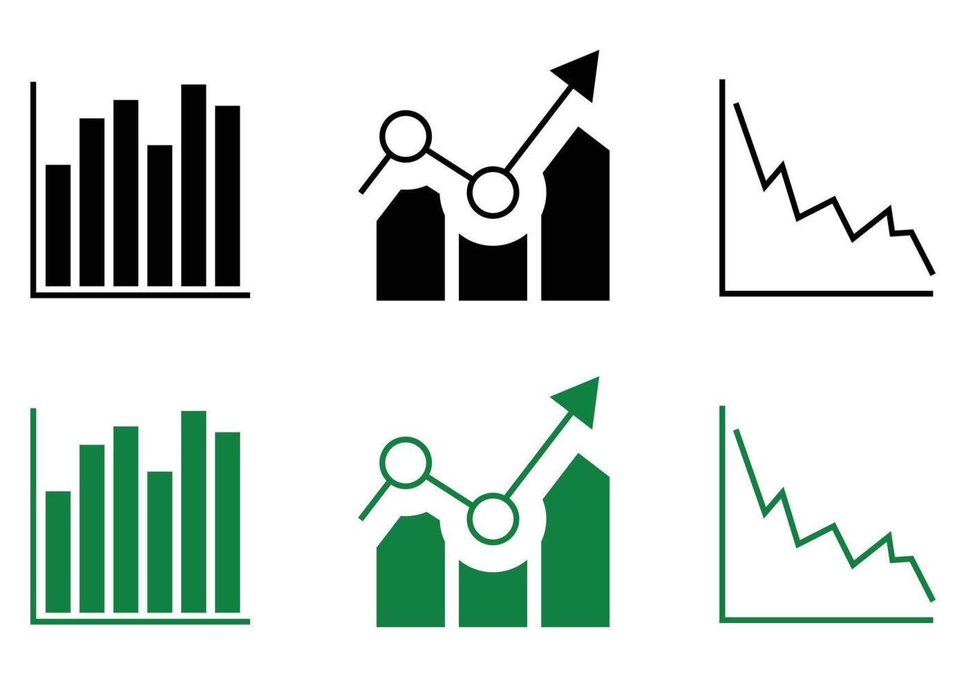 Vertical bar chart, Line and bar combination chart, Downward trend line graph black and white icon set vector