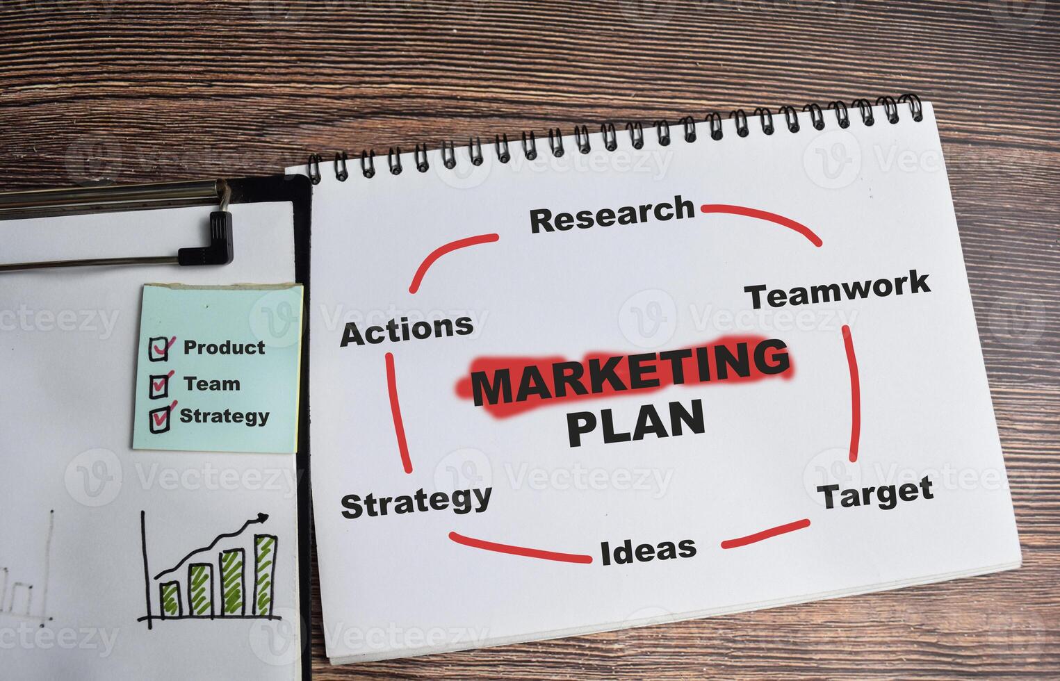 Concept of Marketing plan on book with keywords isolated on Wooden Table. photo