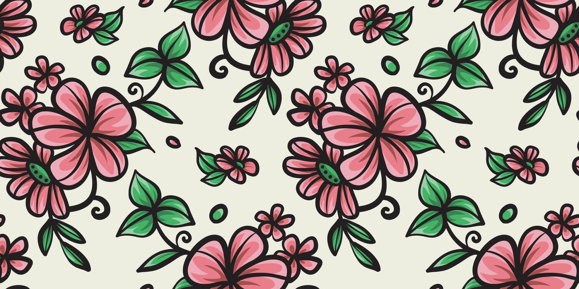 Seamless floral hand drawn detailed pattern, colorful flower bouquet, cute, black lines and white background vector