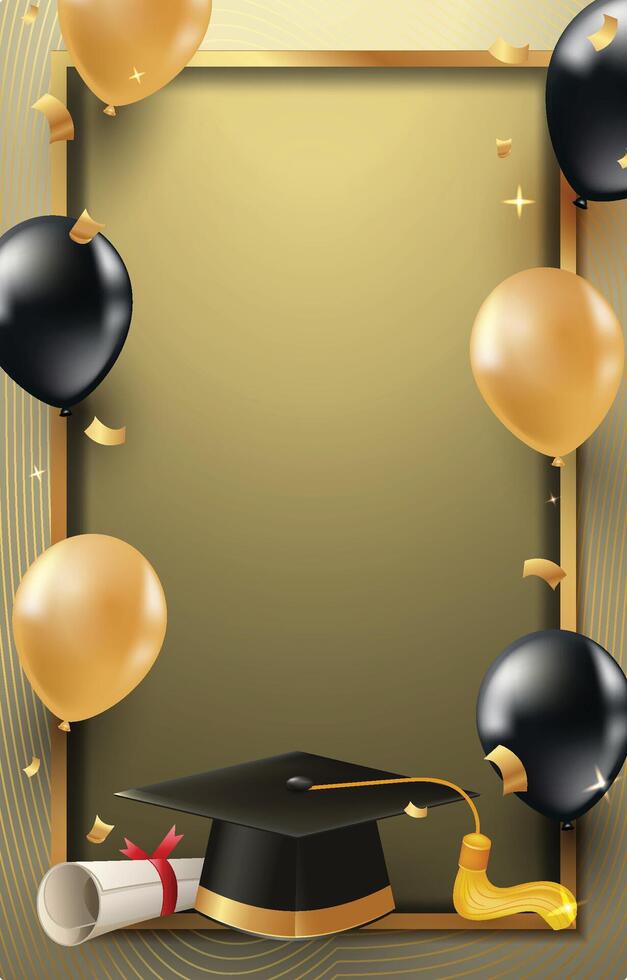 Graduation Gold Frame with Balloons in Gold and Black vector