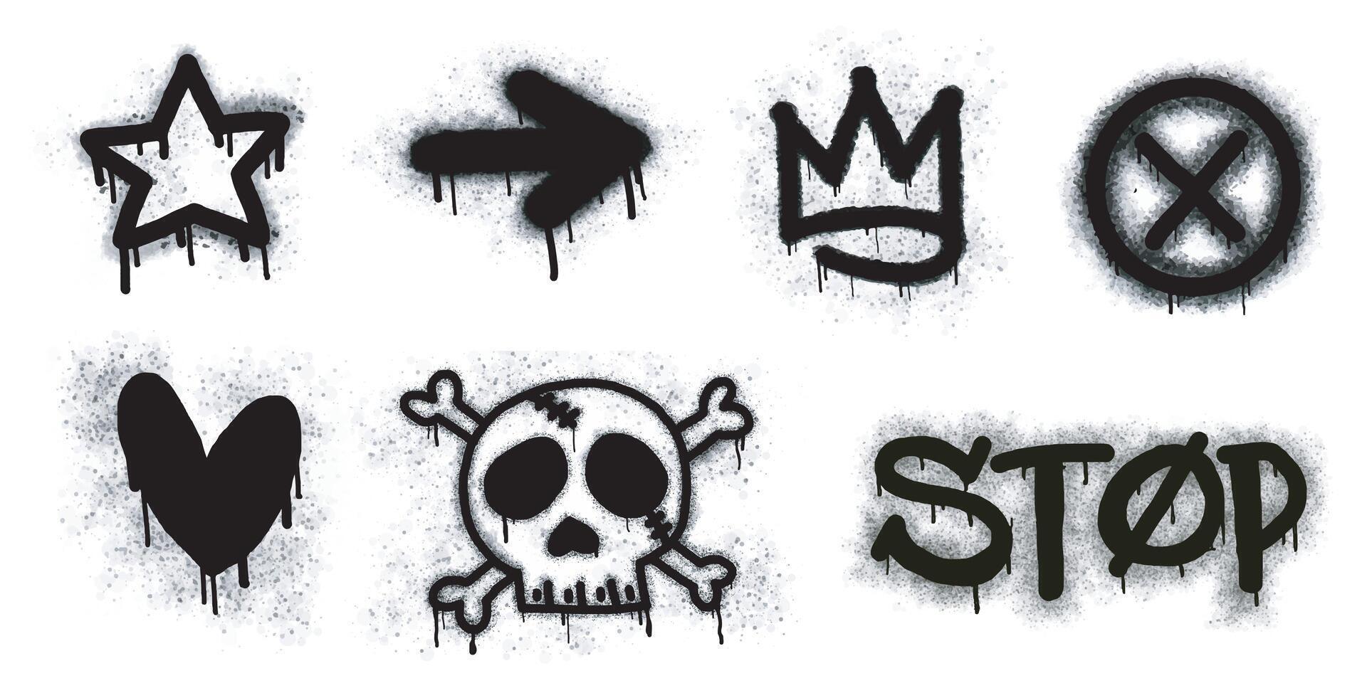 Set of graffiti image symbols. Spray painted graffiti patterns in the form of question marks, arrows, crowns, stars, fences, skull heads. Spray paint elements. Street art style illustrations. vector