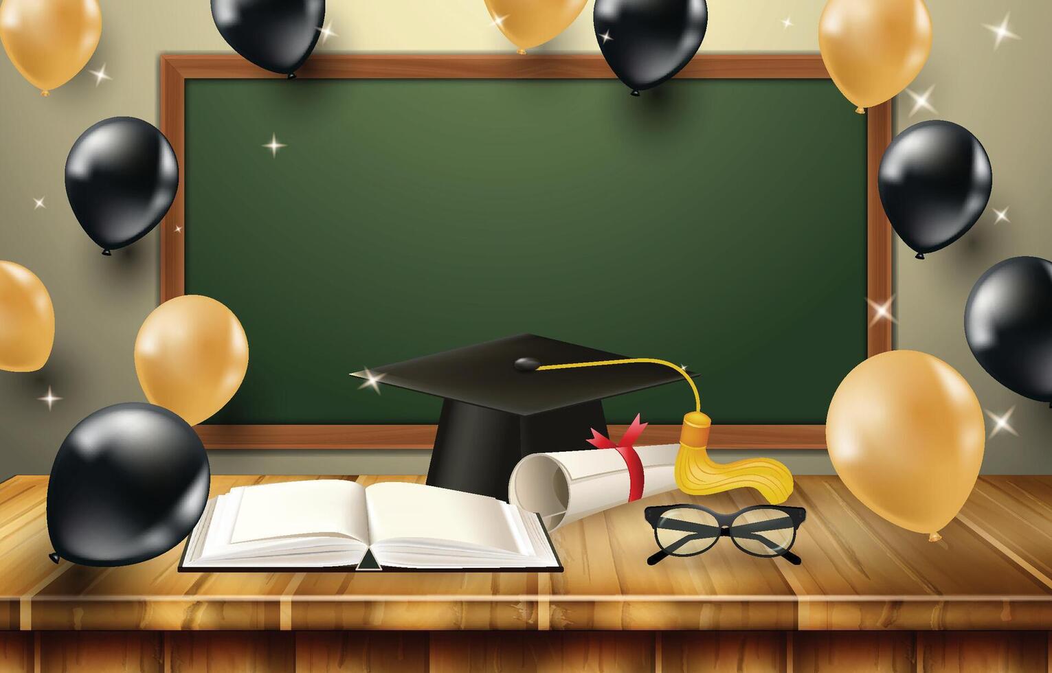 Blackboard with graduation cap, books and balloons on wooden table. vector