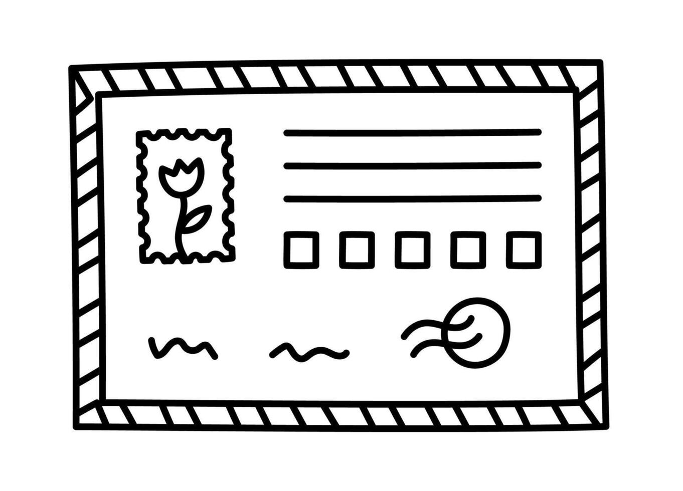 Simple sketch blank airmail envelope with stripes, postage stamp with tulip picture, address and index cell. Hand drawn USA international mail doodle, vintage postcard, delivering post concept. vector