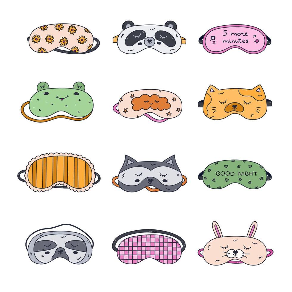 Big colourful doodle childish and feminine sleeping mask set with pet head, geometric and abstract ornament, lettering. Lovely hand drawn eye mask. Bedtime accessory for rest isolated on white. vector