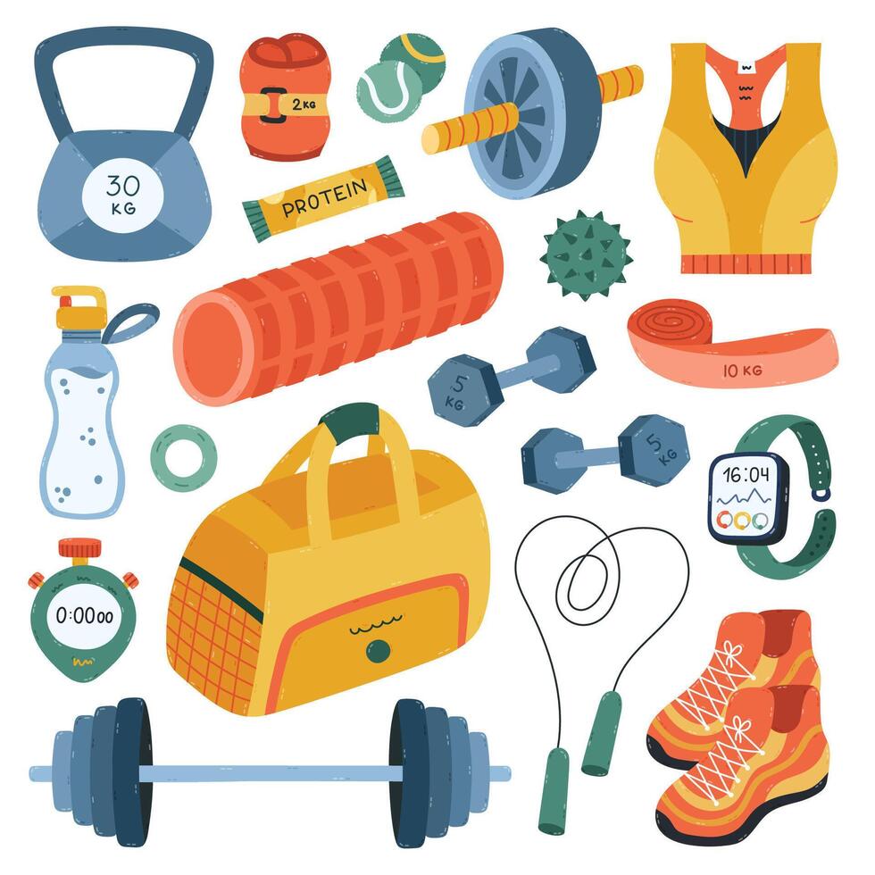 Big lovely cartoon fitness set with inventory for pilates, powerlifting, workout. Cute hand drawn sport collection with heavy dumbbell, barbell, abs and foam roller, sneakers isolated on white. vector