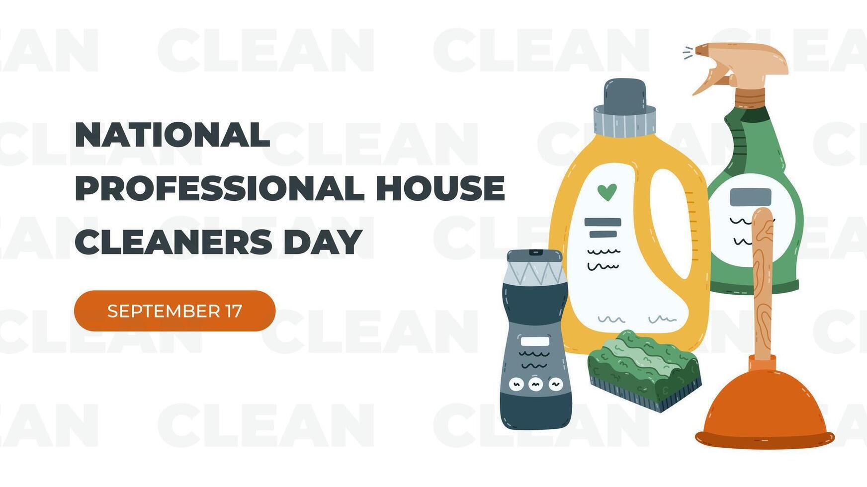 Horizontal minimalistic banner for National Professional House Cleaners Day with detergent product and cleaning tools. Simple holiday illustration for poster, website background, social media. vector