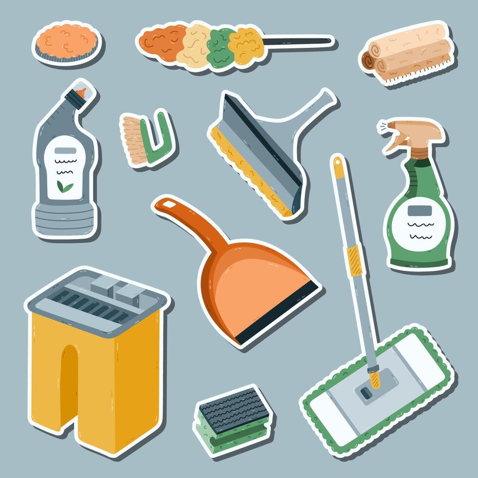 Lovely cartoon sticker set with house cleansing supply for planners, notebooks, diary. Ready for print list of colourful stickers of bucket, mop, washing spray bottle, toilet disinfectant gel, rags. vector