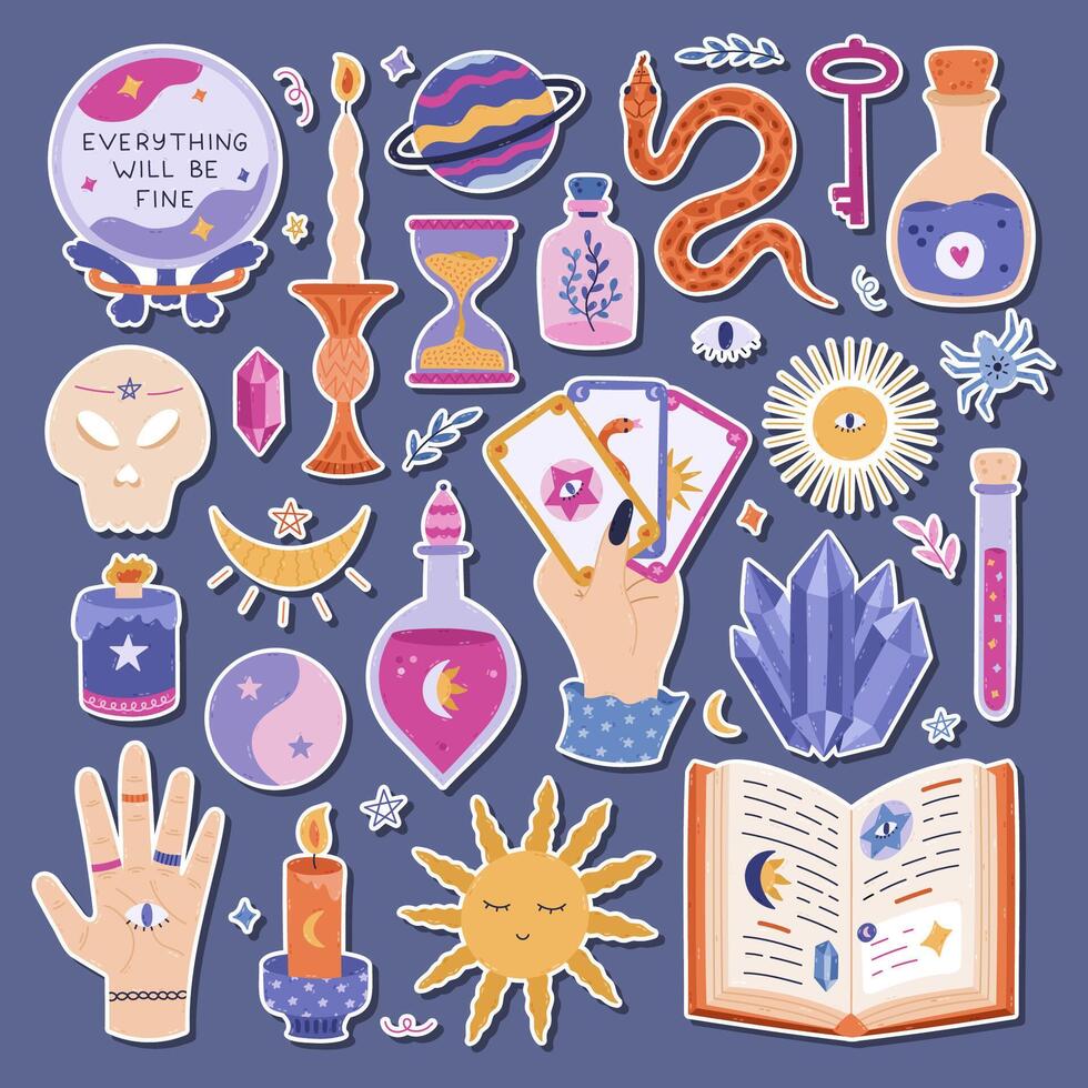 Lovely cartoon esoteric and magic sticker set for planners, notebooks. Ready for print list of cute stickers with wizard potion, spell book, crystal ball of fortuneteller, astrology and occult icons. vector