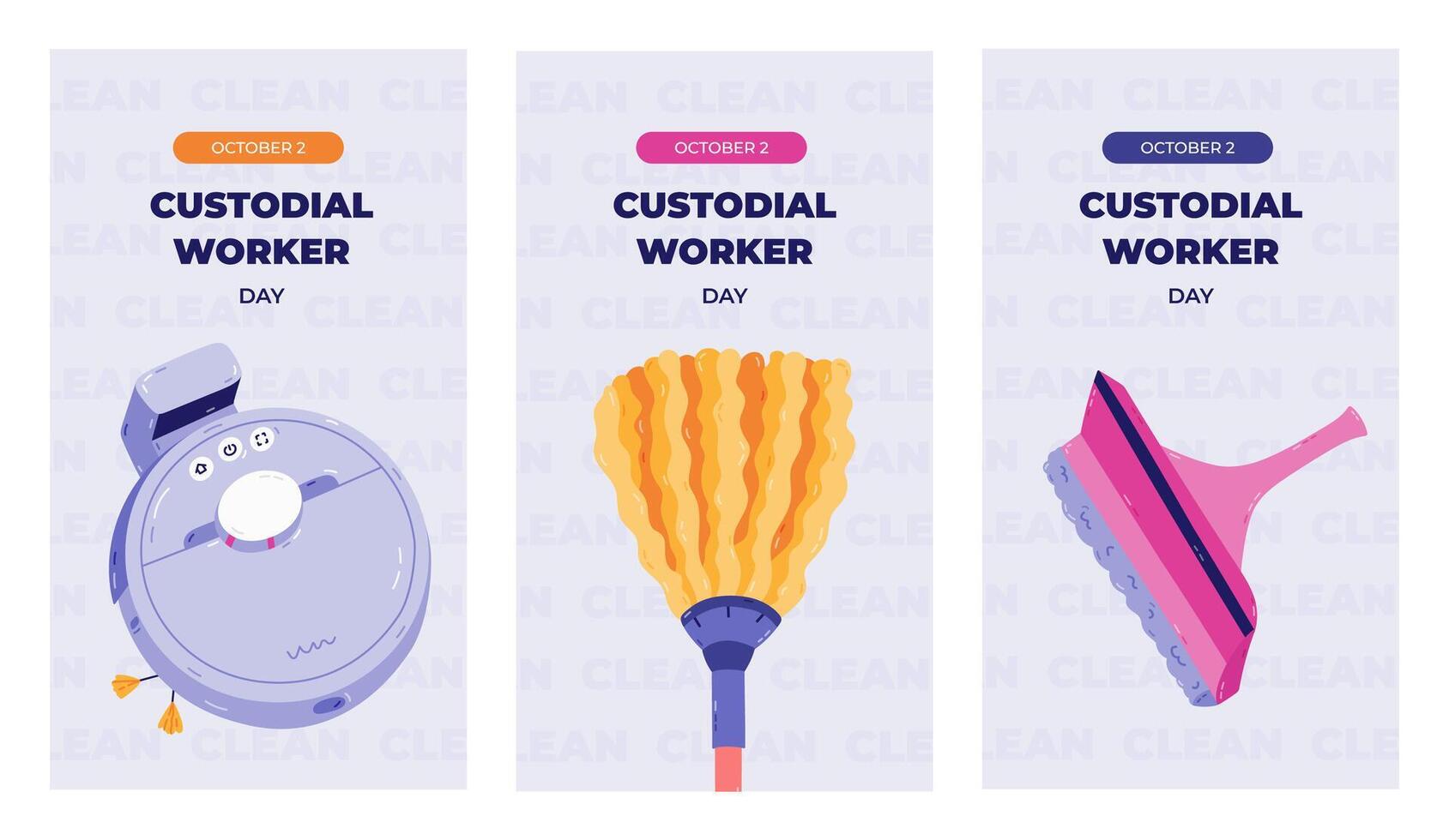 Vertical trendy set of stories for Custodial Worker Day with colorful home cleansing clipart. Greeting concept banner with robot vacuum cleaner, broom to swipe dust, window scraper for social media. vector