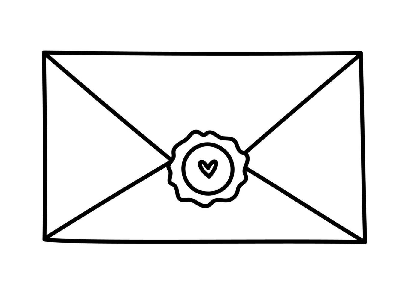 Minimalistic outline envelope with wax seal and heart. Hand drawn doodle of vintage letter, invitation on wedding, certificate, postcard. Post office, delivering mail concept isolated on white vector