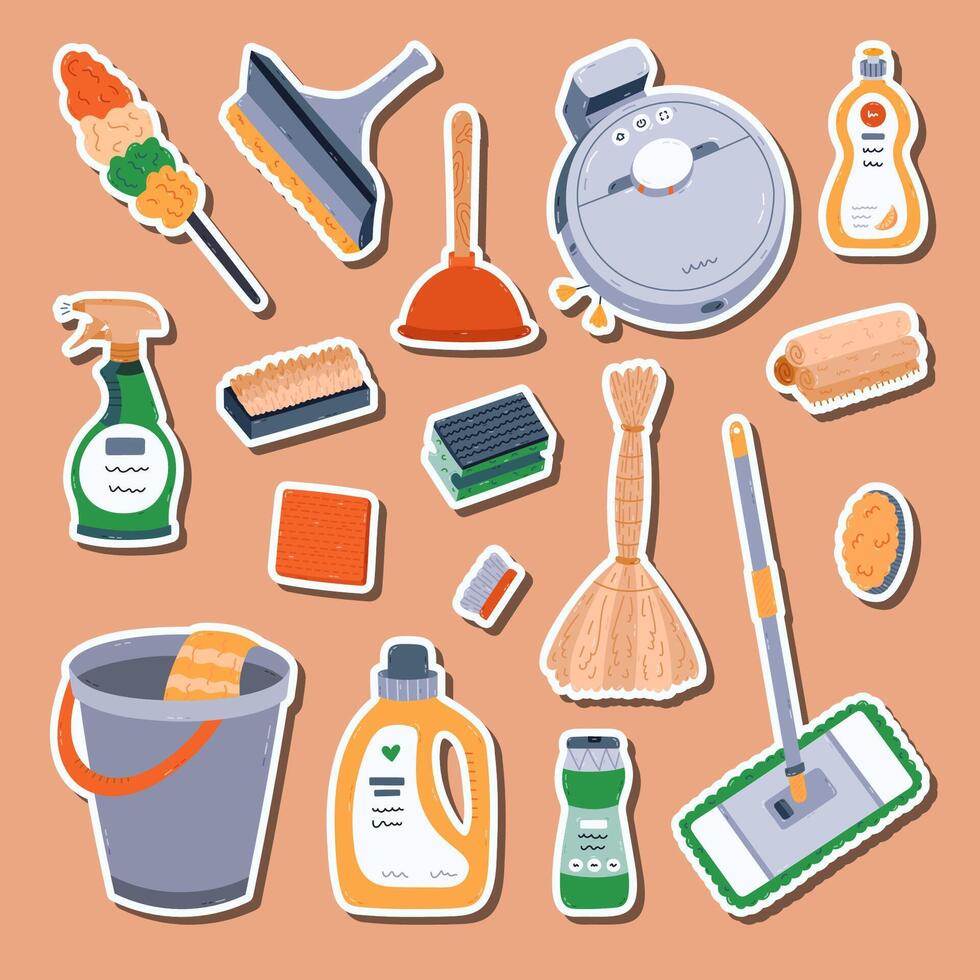 Lovely cartoon housekeeping sticker set for planners, notebooks, scrapbook. Ready for print list of cute stickers of funny home care clipart to cleanse dirt and grime, wipe dust, wash floor. vector