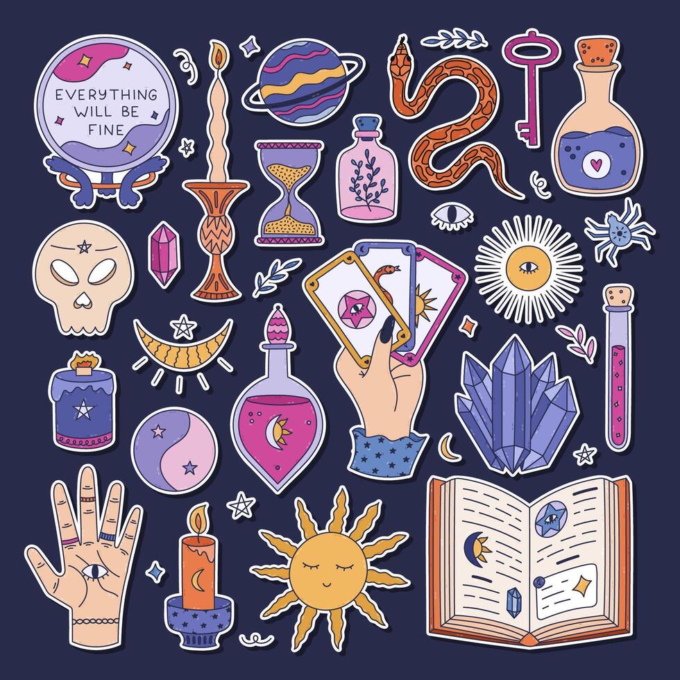 Colorful doodle esoteric and magic sticker set for planners, notebooks. Ready for print list of cute stickers with wizard potion, spell book, crystal ball of fortuneteller, astrology and occult icons. vector