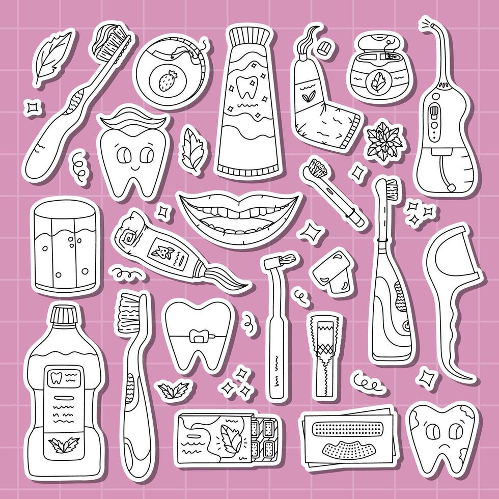 Big outline sticker set about dental care and stomatology for planners, notebooks. Ready for print list of lovely hand drawn stickers doodle of cleaning tools, tooth characters, oral care products. vector
