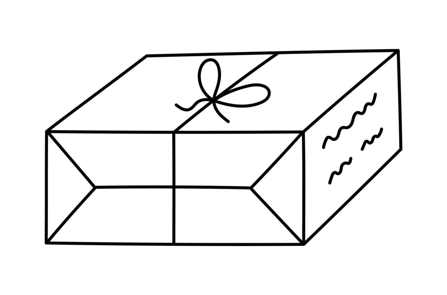 Lovely outline lying gift box with string ribbon, bow and handwritten text from the side. Hand drawn birthday package, postal parcel or Christmas wrapped present box doodle isolated on background. vector